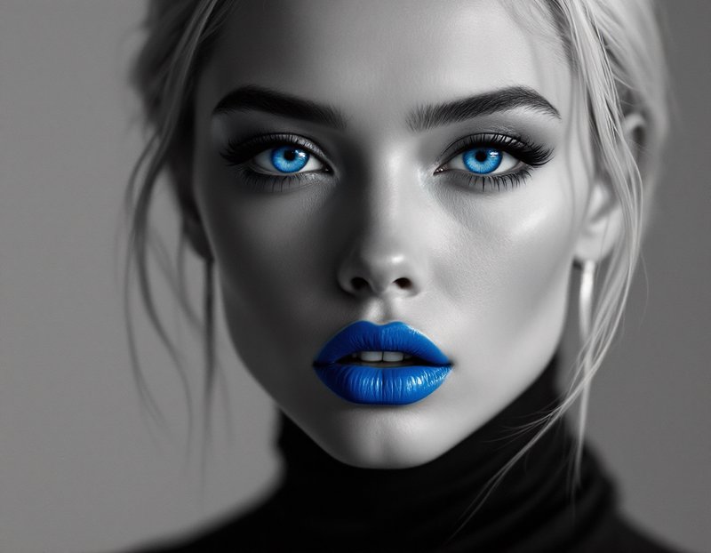 Close-up portrait of a woman with striking blue eyes and bold blue lips in a monochrome, high-contrast shot.