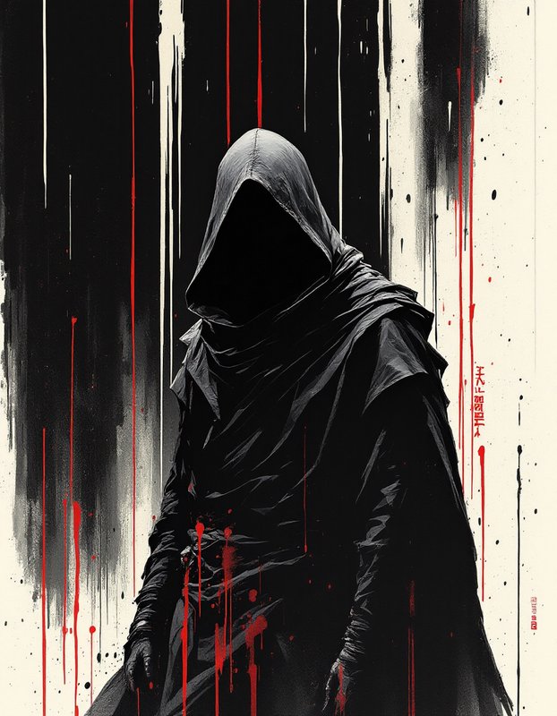 Hooded, faceless figure in a black cloak against a dripping red and black graffiti backdrop.