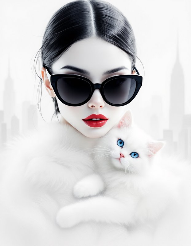 Stylish woman with black hair, oversized sunglasses, red lips, holding a white fluffy cat in a chic, urban backdrop.