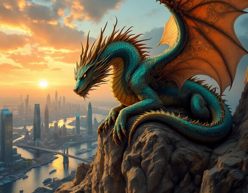 Colorful teal dragon perched on a rocky ledge overlooking a futuristic city at sunset.