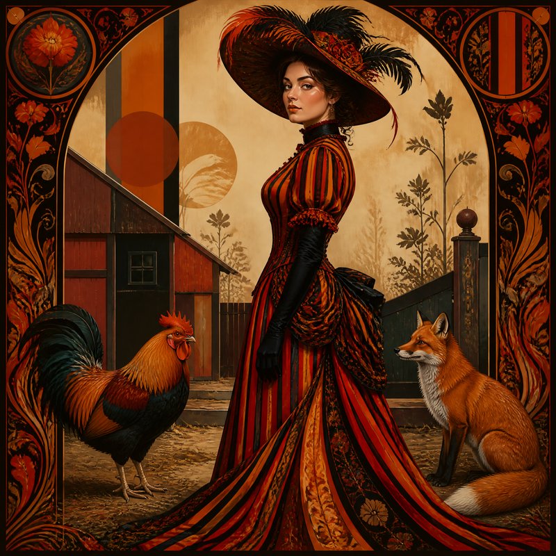 ornate patterning and golden-era portraiture add symbolic depth,  structured forms and textile influence build the figure's dress and surroundings, and bold, graphic modernism enhances clarity and silhouette. The fusion should manifest as a richly decorative and stylized fashion fantasy with a strong compositional rhythm.

A brown eyed, poised woman making direct eye contact, wearing a Victorian-inspired striped dress of red, black, and orange tones, with long gloves, an ornate wide-brimmed feathered hat, standing in profile with elegant posture and a composed gaze.

Rooster and a fox facing each other down in a barnyard.
