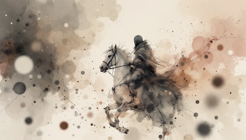 Watercolor silhouette of a rearing horse with rider, surrounded by abstract ink splashes.