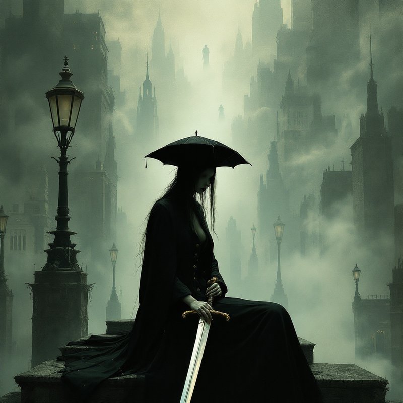 Gothic woman in a black cloak with an umbrella and sword in a foggy, moody cityscape.