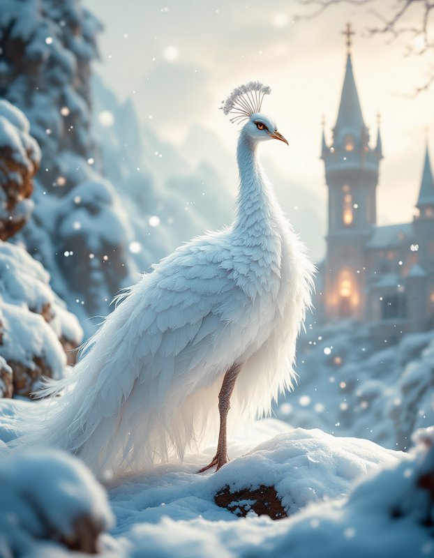 White peacock standing on snowy ground with a blurred castle in the background
