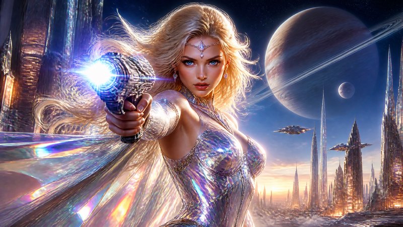 Futuristic fantasy heroine aiming a glowing energy pistol with a crystal cape, against an alien city and planets.