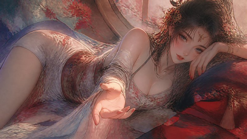 Beautiful fantasy illustration of a reclining woman in a flowing dress, reaching toward the viewer.