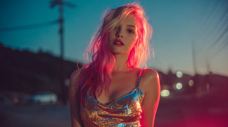 Portrait of a woman with pink hair wearing a metallic gold top at dusk on a city street