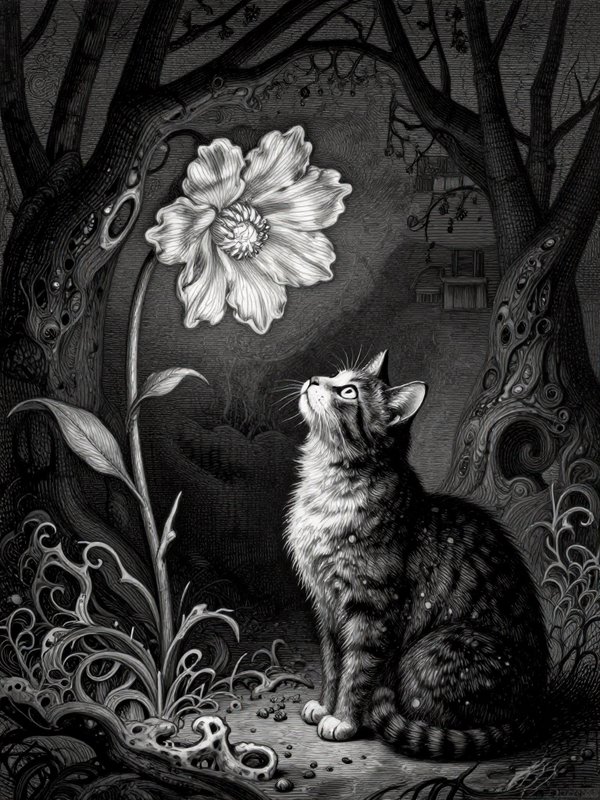 Black-and-white illustration of a cat gaze at a large flower in a moonlit, eerie garden.