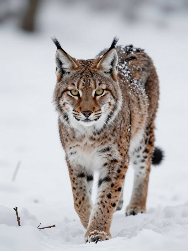 Siberian/Eurasian lynx walking through a snowy landscape with tufted ears and spotted fur.