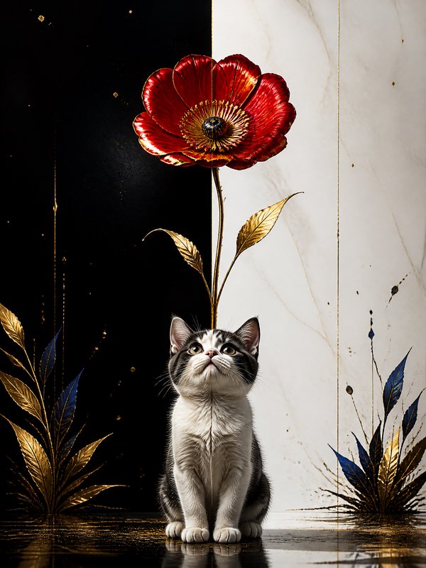 Cute gray and white kitten looking up at a large red decorative flower in a gold and black backdrop.