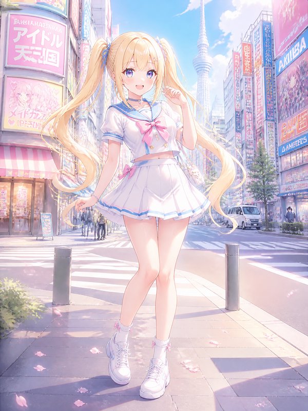 Cute anime girl in a white sailor school uniform with pink bow in a sunny Tokyo street