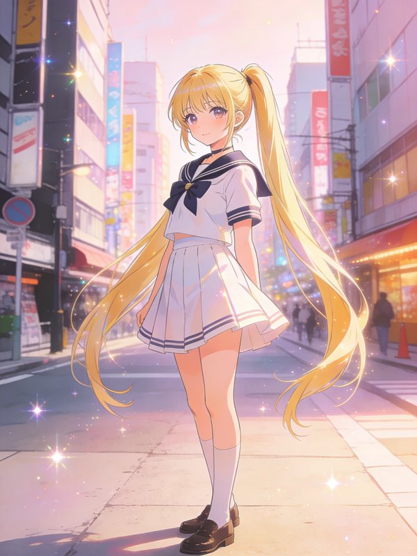 Anime-style girl with long blonde hair in a white sailor school uniform standing on a sunlit city street.
