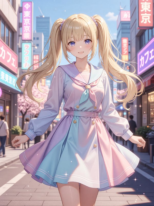 Anime girl with twin tails in a pastel pink-blue dress walking in a neon-lit city street.