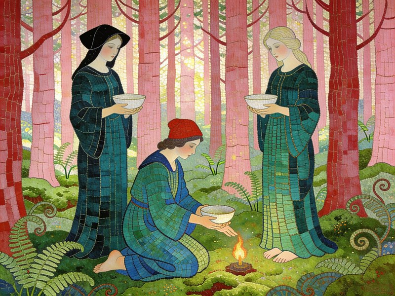 Three women in long blue-green robes offer bowls around a small campfire in a pink, fern-filled forest.