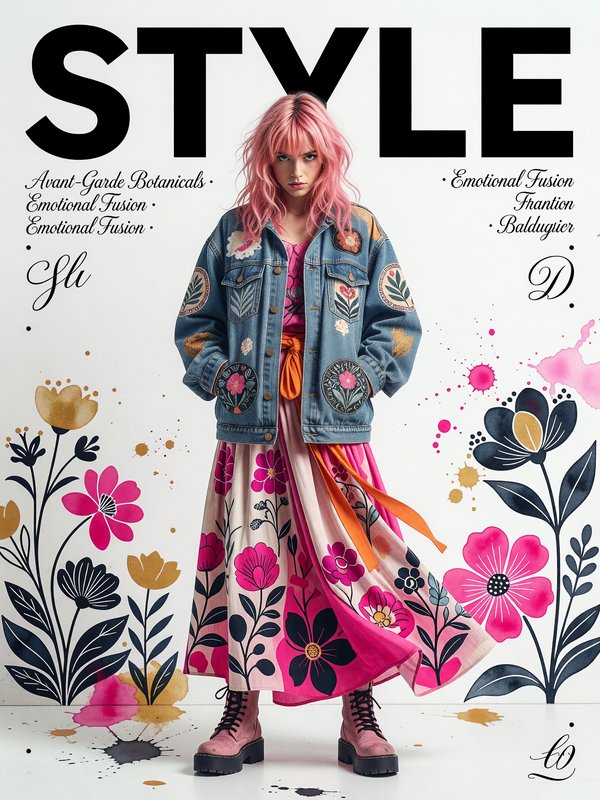 Trendy model with pink hair in a decorated denim jacket and floral skirt on a bold magazine cover.