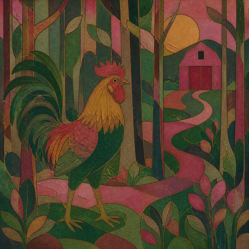 Colorful rooster in a stylized forest with a winding path and a pink house in the distance.