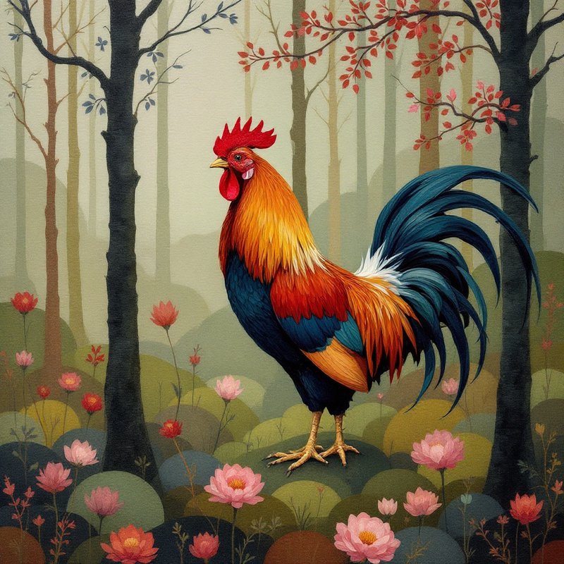 Colorful rooster standing in a stylized forest garden with pink flowers.