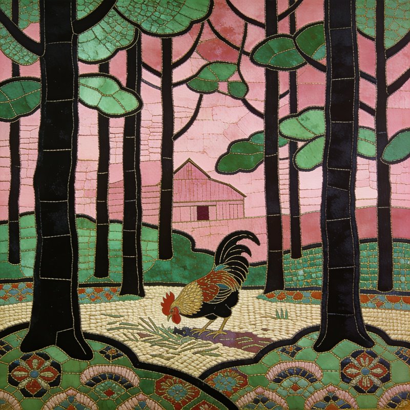 Mosaic forest scene with tall black trunks, green leaves, a rooster, and a pink sky.