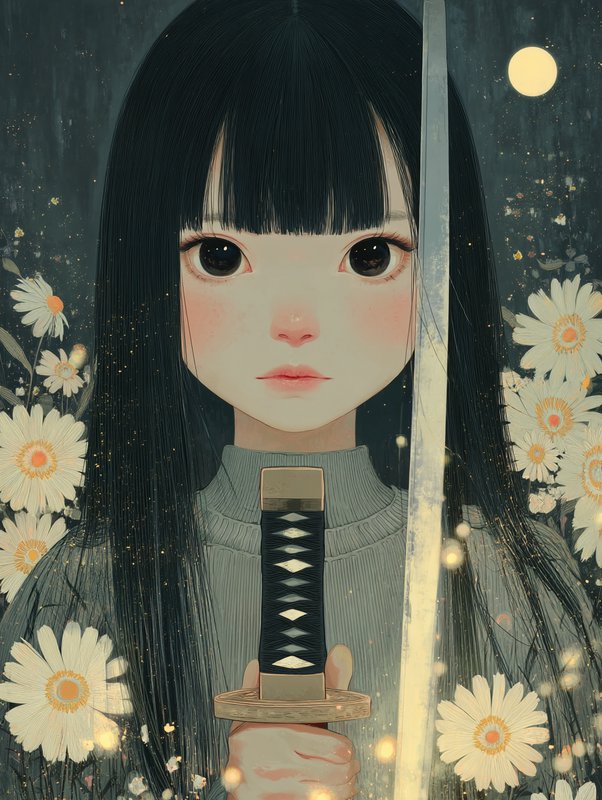Young anime girl with long black hair holding a katana among daisies in a moonlit scene.