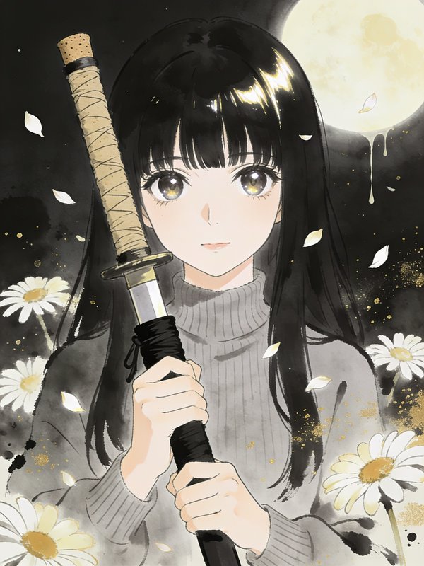 Anime girl with long black hair holds a katana under a full moon, daisies and petals around her.