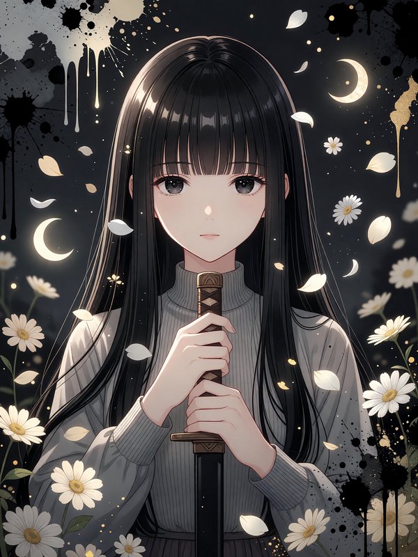 Anime-style girl with long black hair holding a sword under a night sky with daisies and falling petals