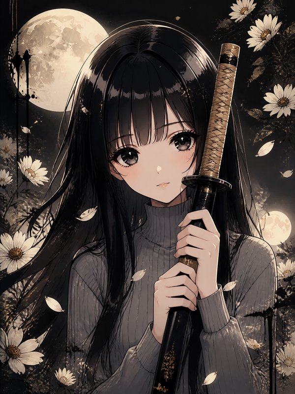 Anime-style girl with long black hair holding a katana, moonlit night with daisies in the background
