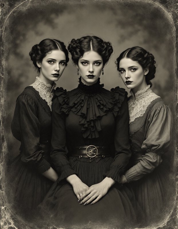 Three women in vintage Victorian dresses posed together in sepia tones with lace collars.