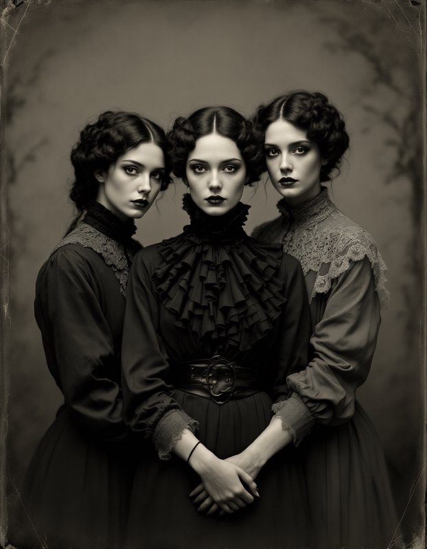 Three Victorian-era women in dark lace dresses pose together in a sepia-toned vintage portrait.
