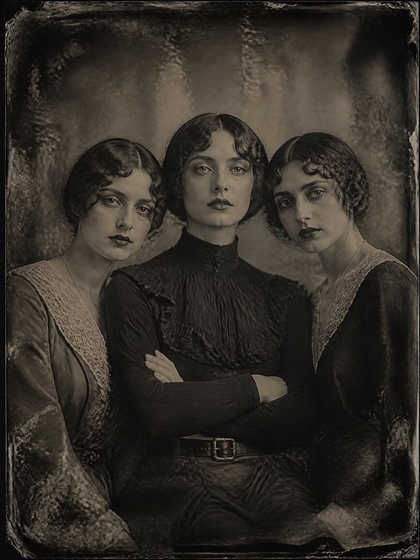Three women in vintage 1920s-style dresses pose together in a moody sepia-toned portrait.
