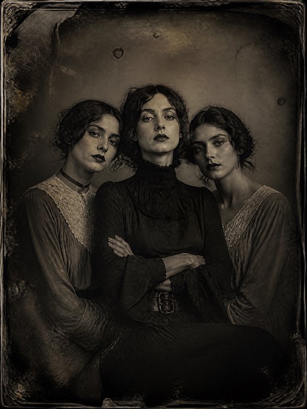 Three women in Victorian-inspired dresses pose in a sepia-toned vintage studio portrait.