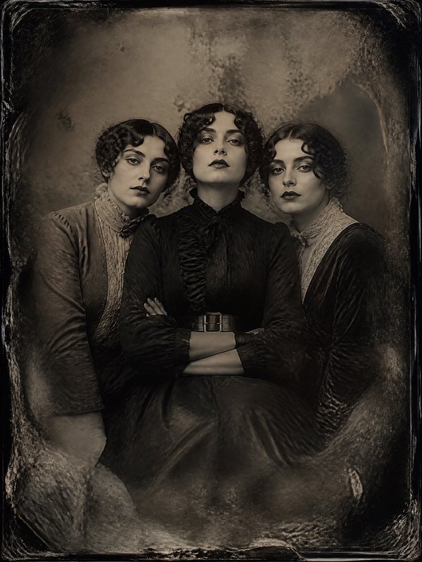 Vintage sepia-toned portrait of three women in Victorian dresses, central figure with arms crossed.