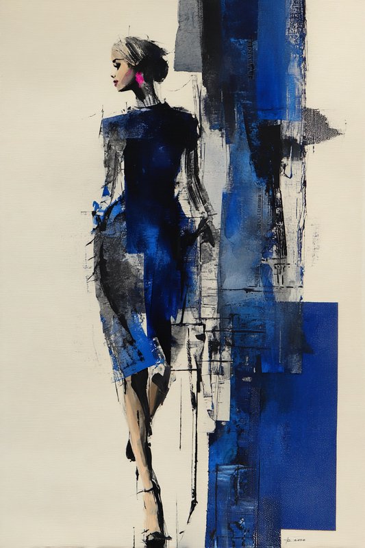 Abstract fashion illustration of a woman in a dark blue dress with geometric blue blocks on a cream background.