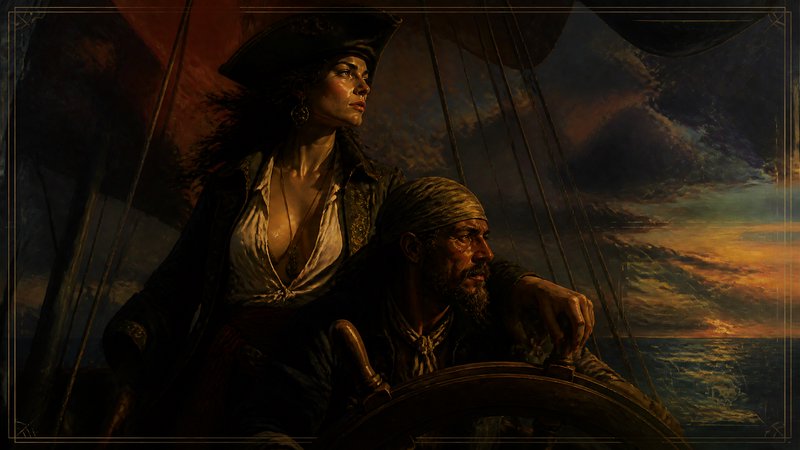 Two pirates on a ship at sunset; a woman wearing a hat stands beside a man at the helm.