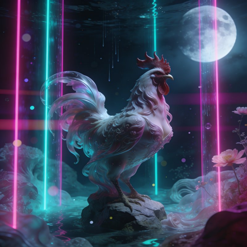 Neon-lit mystical rooster statue standing on rock in reflective water under moonlight