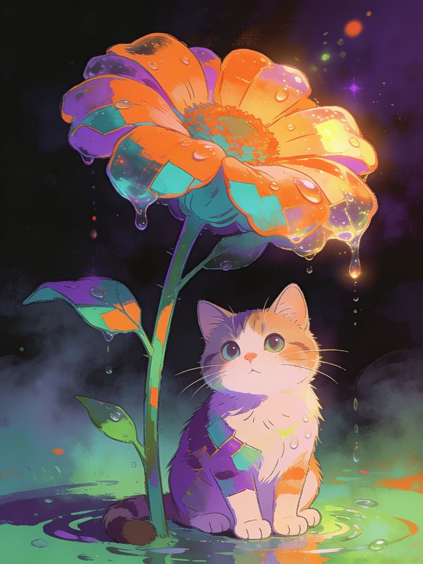 Colorful cat beside a large neon flower with water droplets on dark, dreamy background.