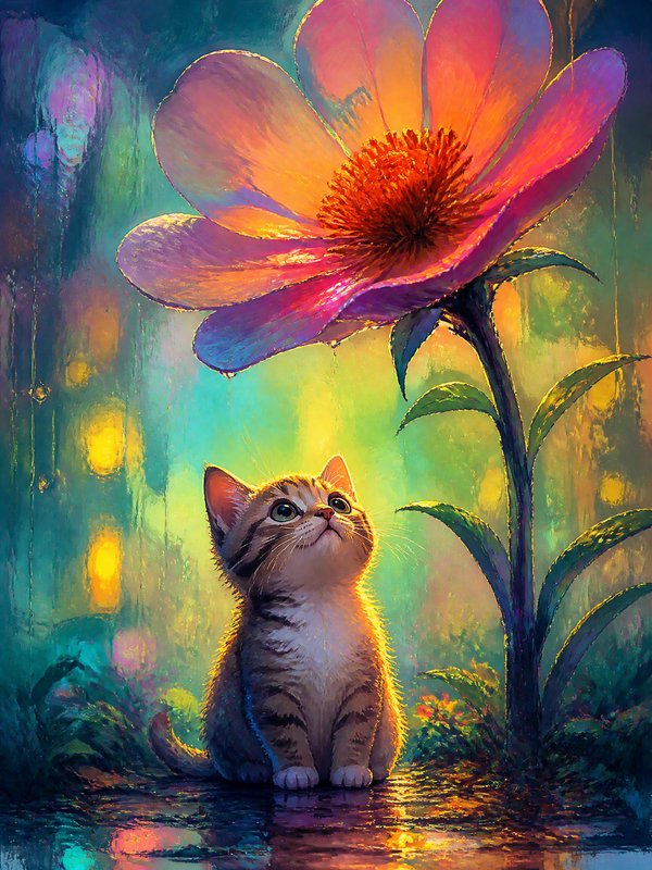 Adorable kitten gazing up at a vibrant oversized flower in a dreamy colorful painting