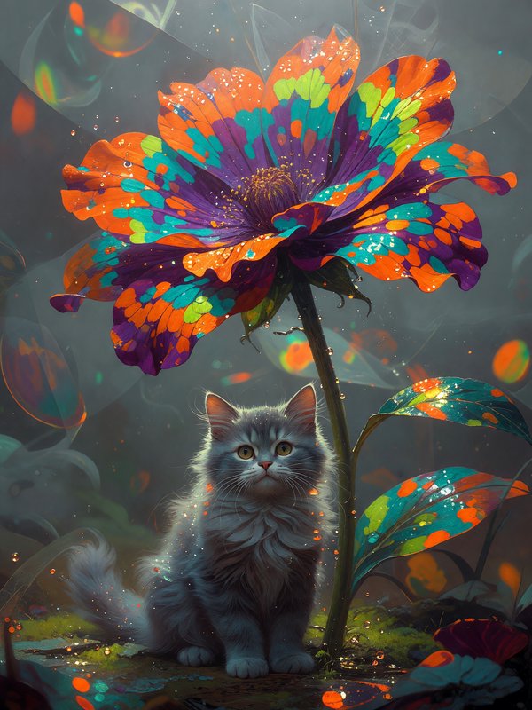 Fluffy gray kitten under a vibrant multicolored flower in a magical garden.