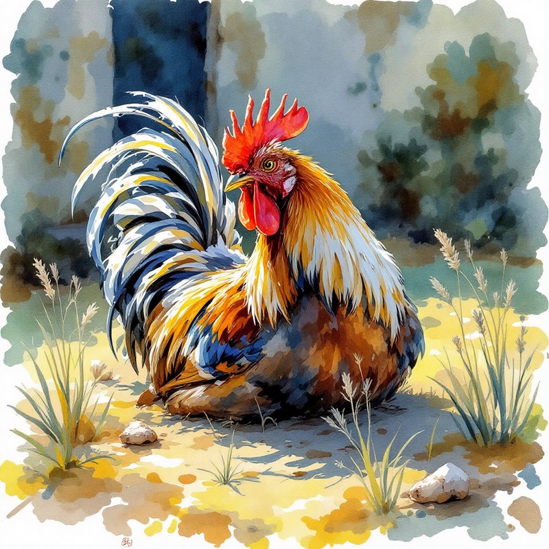 Colorful watercolor rooster standing in a sunny field with tall grasses.