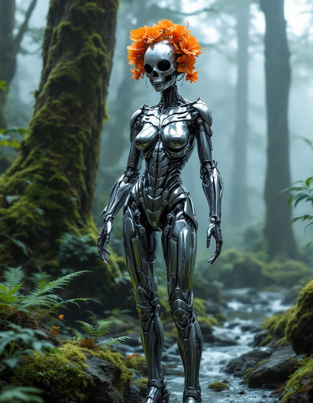 Shiny metallic humanoid robot with orange flower crown in a misty forest