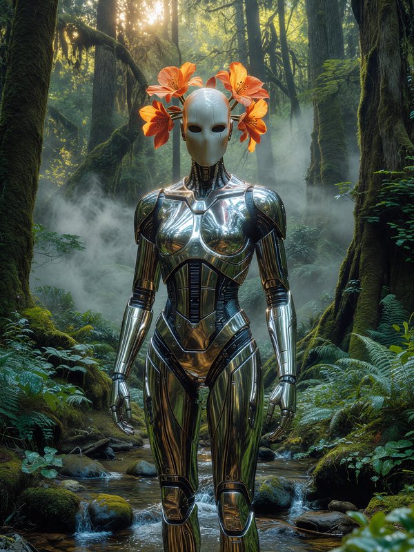 Shiny metallic humanoid robot with orange flowers around its head in a misty forest