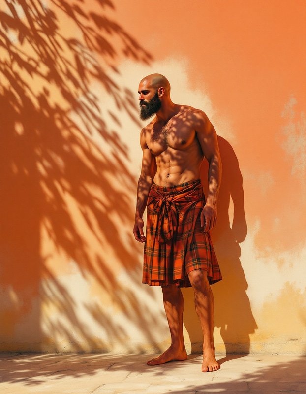 Shirtless man with a beard in an orange plaid wrap skirt stands against a warm orange wall.