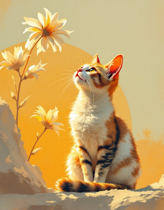 Calico cat sitting on rocky ground looking up at yellow flowers with warm sunset background