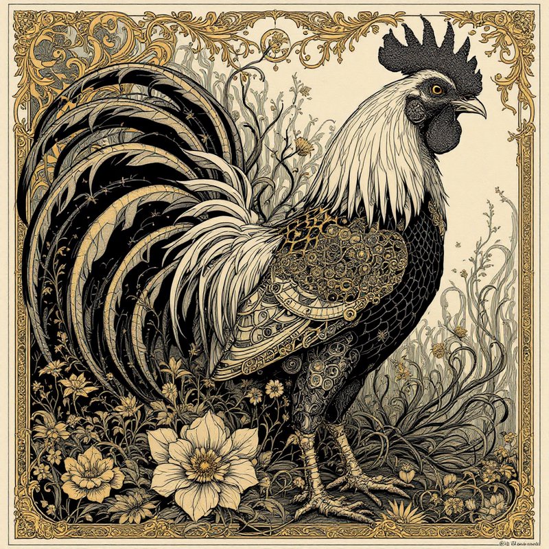 Ornate vintage rooster illustration with elaborate plumage, gold border, and botanical background.