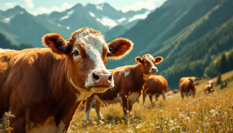 Brown and white dairy cow in a sunlit Alpine meadow with distant mountains.