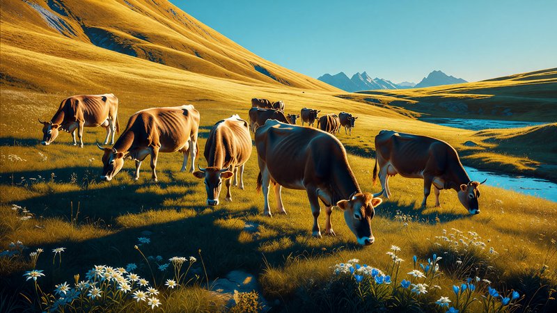 Cows grazing in a sunlit alpine meadow with wildflowers, rolling hills, and distant mountains.