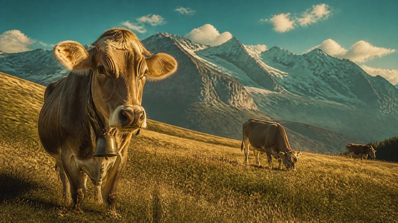 Brown cow with bell in a sunlit alpine meadow with snow-capped mountains in the background