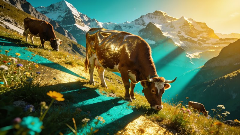 Cows grazing on a sunlit Alpine meadow with snow-capped mountains in the background.