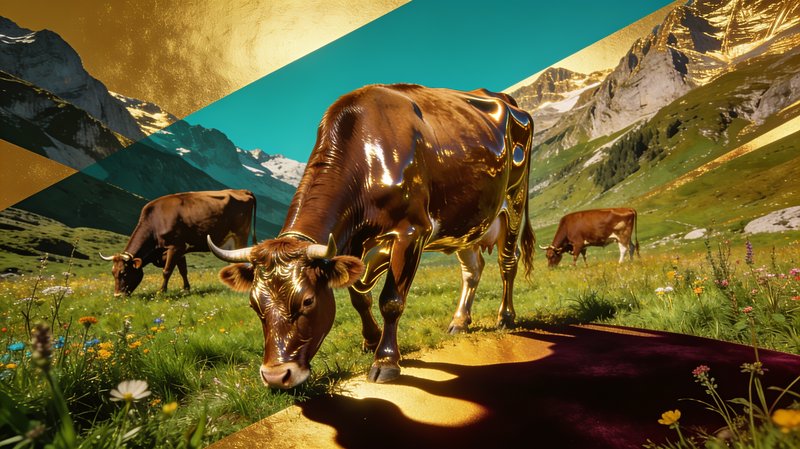 Bronze reflective bulls grazing in a sunlit alpine meadow with mountain backdrop.