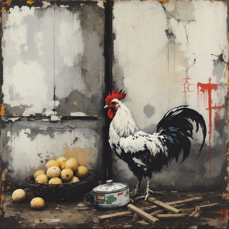 White rooster with red comb beside a basket of eggs and a cooking pot in a weathered, rustic wall setting.
