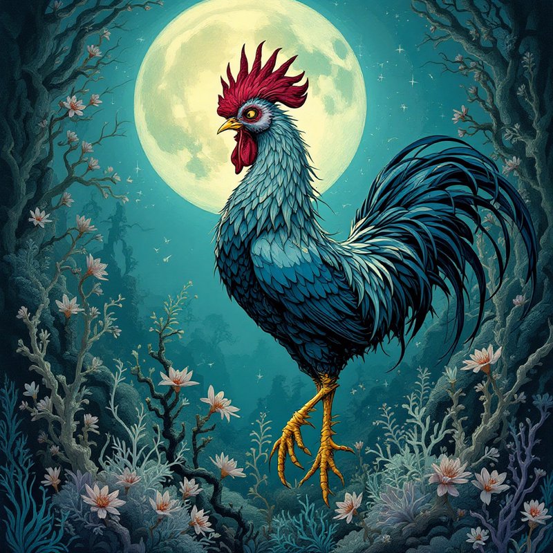 Blue rooster in a moonlit forest, a vibrant fantasy illustration with lush foliage.
